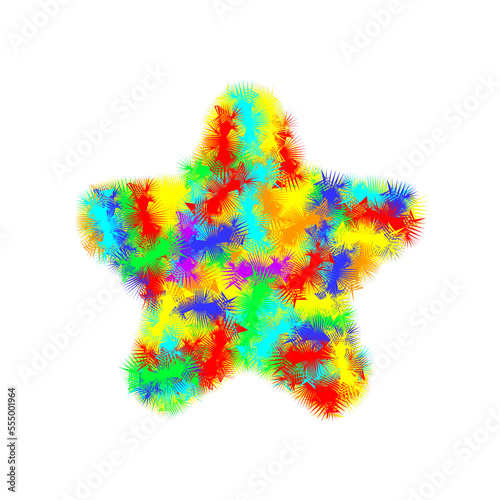 Fluffy star, motley multicolor icon. Cute hairy furry design isolated. Cartoon style object for ui, app, interface, game development. Png.