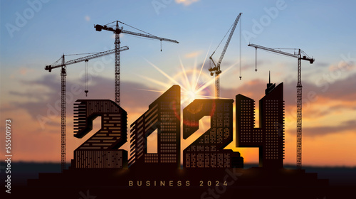 Silhouette construction cranes and houses in the form of numbers 2024. Large construction site, many construction cranes set vector numbers 2024. Construction team sets numbers for New Year 2024.