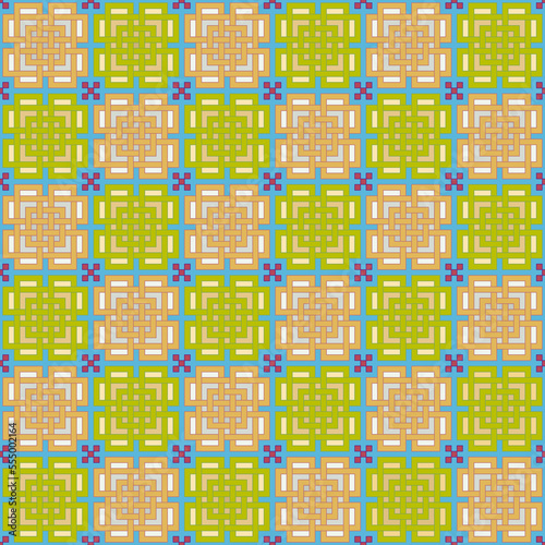 Seamless, Vector Image of Interlocking Rectangular Shapes Forming a Repeating Pattern in Orange and Green Tones. Can Be Used in Design and Textiles