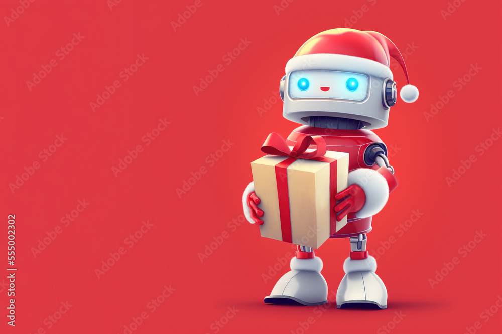 Naklejka premium Cute robot Santa holding a gift box, full body view over red bac