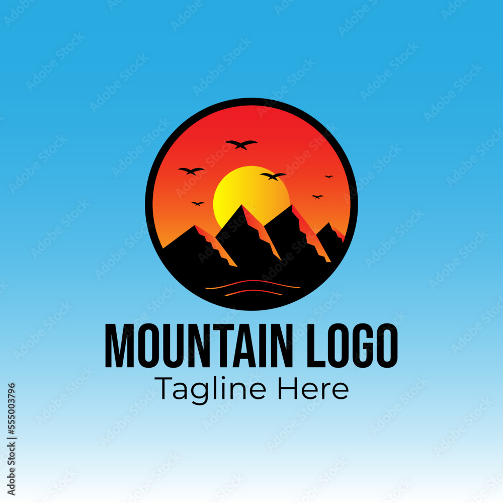 Beautiful mountain logo with sunset background. This logo symbolizes a nature, peace, and calm, this logo also look modern, sporty, simple and young.