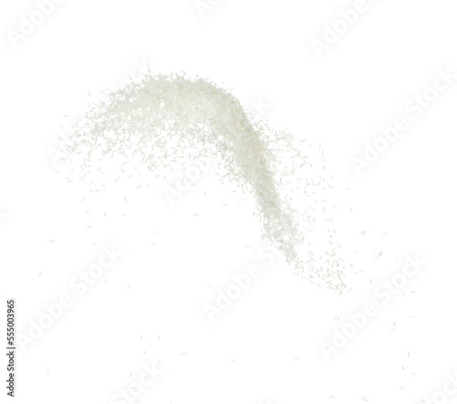 Japanese Rice flying explosion, white grain rices explode abstract cloud fly. Beautiful complete seed rice splash in air, food object design. Selective focus freeze shot white background isolated photo
