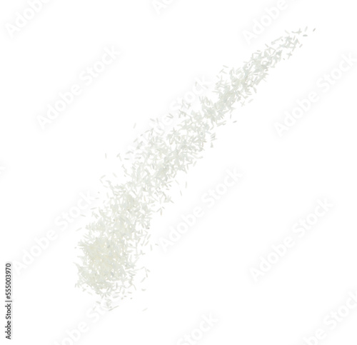Japanese Rice flying explosion, white grain rices explode abstract cloud fly. Beautiful complete seed rice splash in air, food object design. Selective focus freeze shot white background isolated