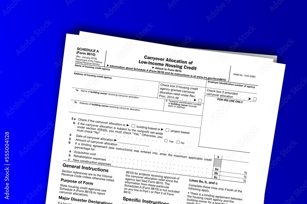 Form 8610 (Schedule A) documentation published IRS USA 01.16.2016. American tax document on colored Form 8610 (Schedule A) documentation published IRS USA 01.16.2016. American tax document on colored