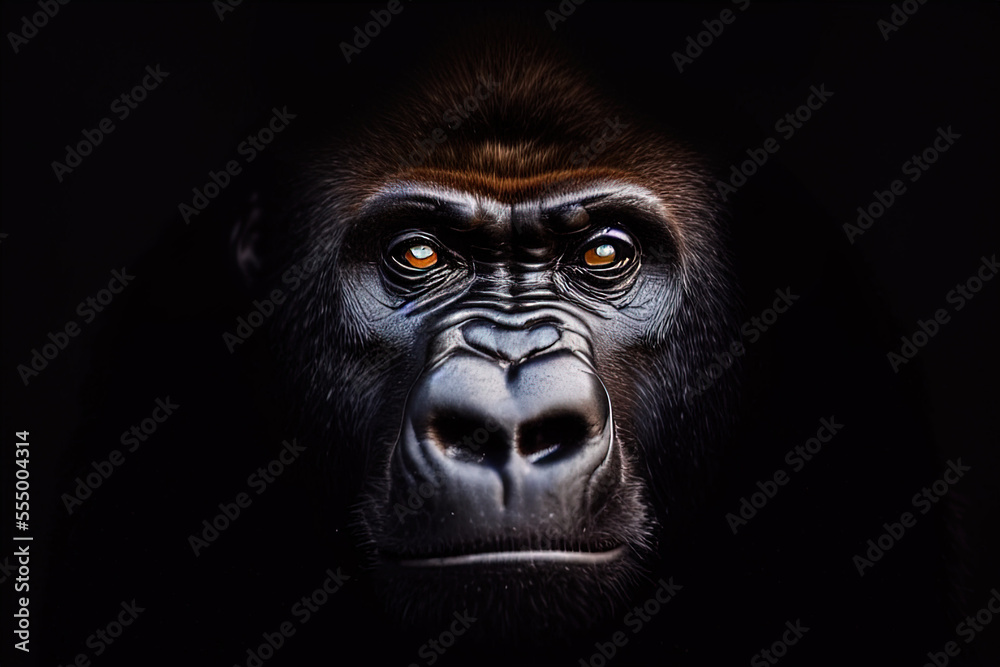 photography a close-up of a gorilla's face on a black background - AI Generated
