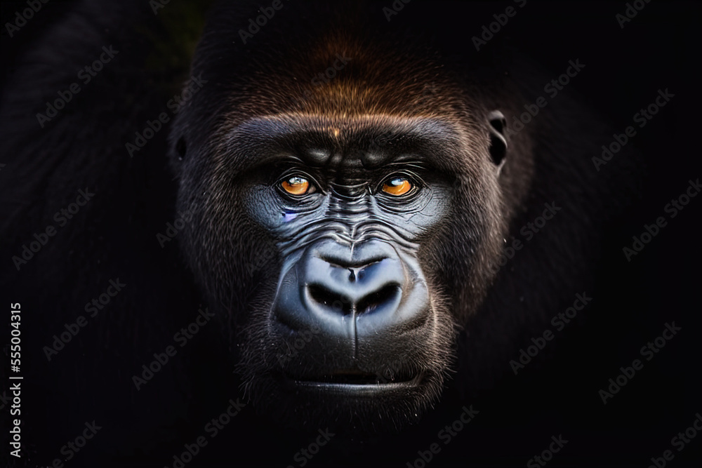 photography a close-up of a gorilla's face on a black background - AI Generated