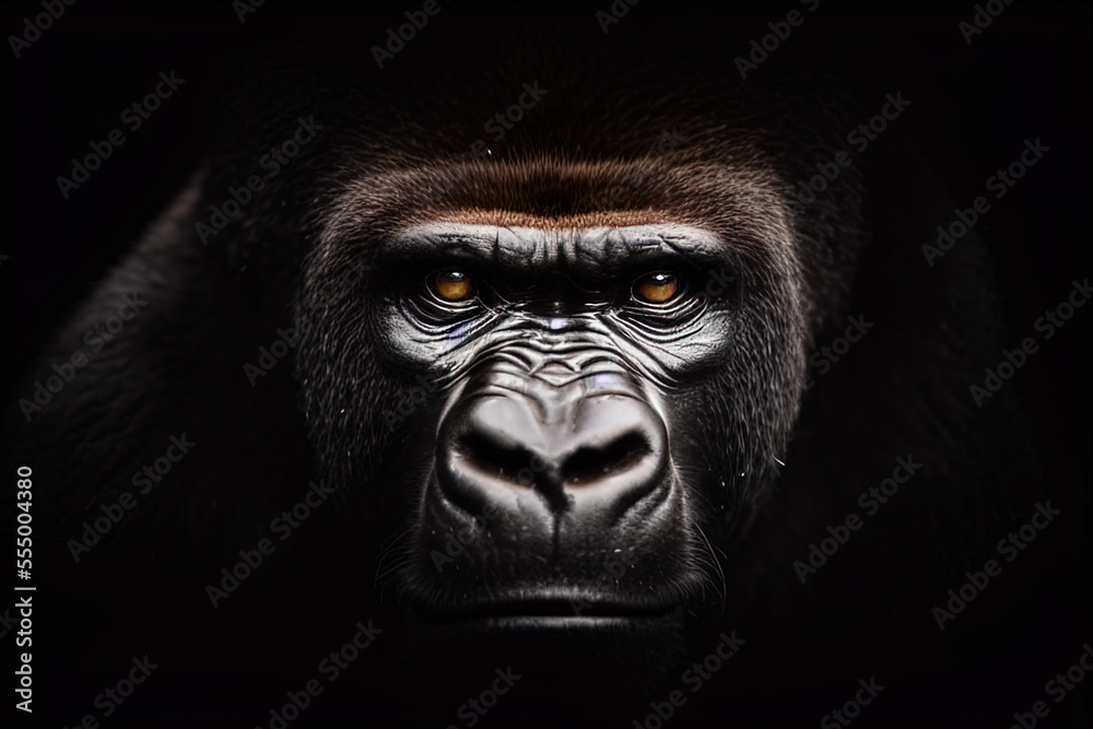 Obraz premium photography a close-up of a gorilla's face on a black background - AI Generated