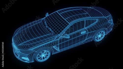 3D rendering illustration luxury supercar blueprint glowing neon hologram futuristic show technology security for premium product business finance 