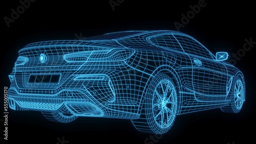 3D rendering illustration luxury supercar blueprint glowing neon hologram futuristic show technology security for premium product business finance 