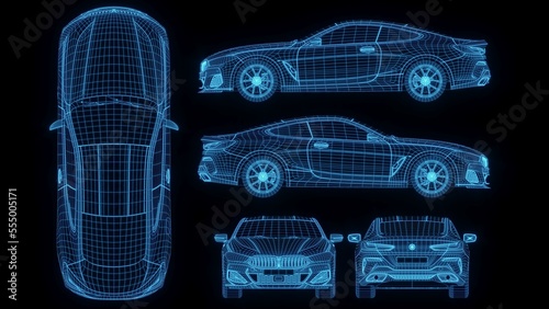 3D rendering illustration luxury supercar blueprint glowing neon hologram futuristic show technology security for premium product business finance 
