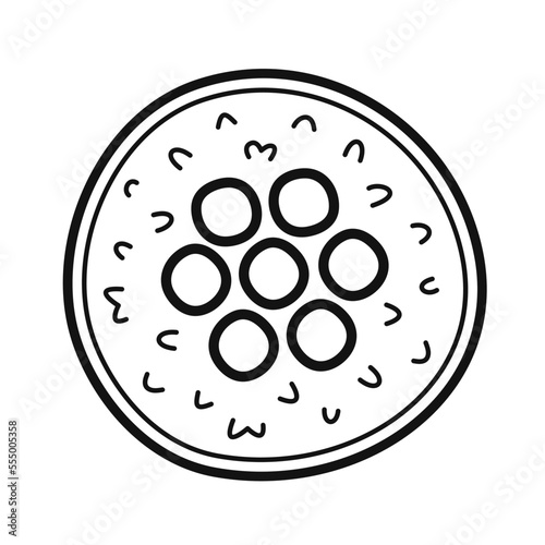 Ikura maki. Sushi roll with rice, salmon caviar and nori seaweed. Traditional Japanese food. Doodle sketch style. Vector illustration isolated on white background.