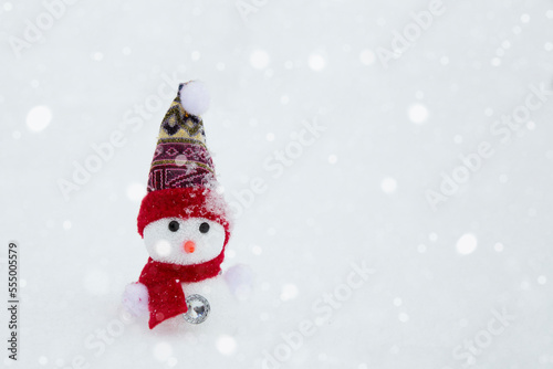 A happy snowman stands on a winter landscape. Snow background. Winter fairy tale © BetterPhoto