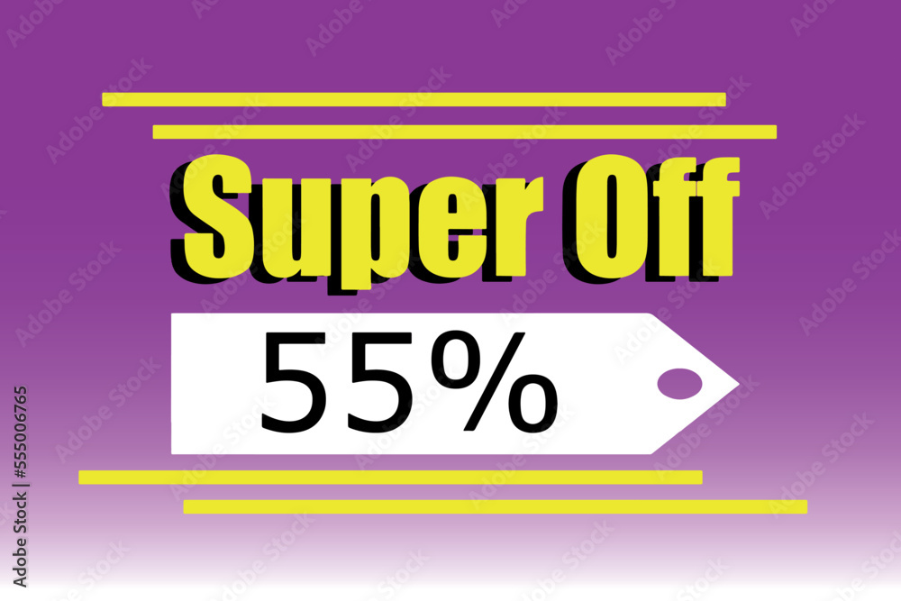 Super Off 55%. Art for store and retail discounts and sales. Purple and yellow with white label. Super Off 55%. Art for store and retail discounts and sales. Purple and yellow with white label.