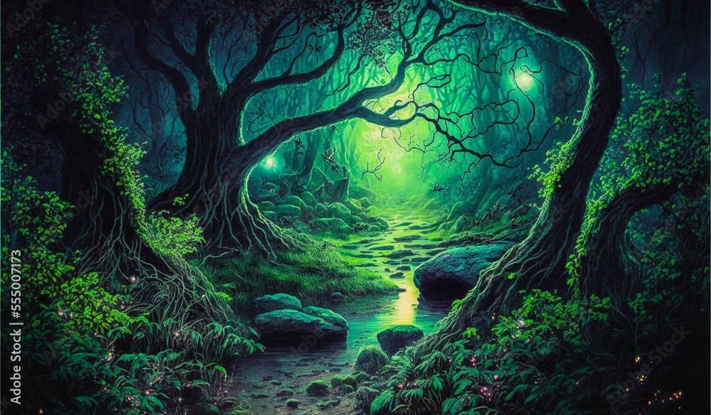 Hidden pathway under old trees in a fantasy winter landscape forest Hidden pathway under old trees in a fantasy winter landscape forest