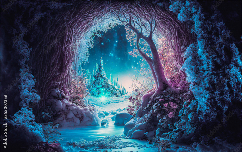 Secret frozen portal in a magic fantasy winter landscape