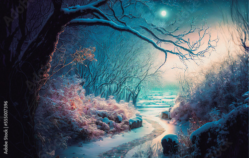 Pathway through old trees with magic lights in a fantasy winter forest landscape