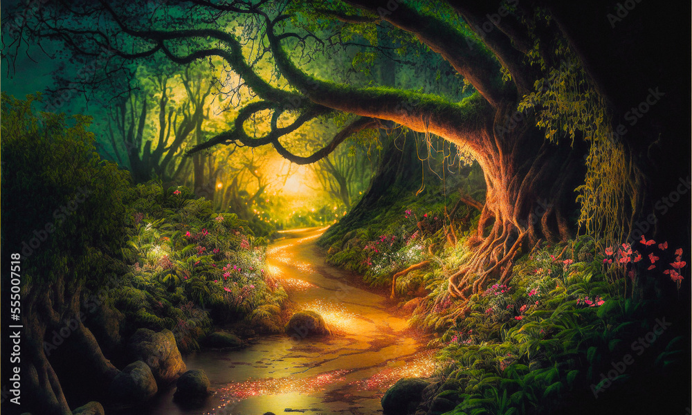 Fototapeta premium Pathway through old trees with magic lights in a fantasy winter forest landscape