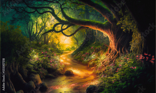 Pathway through old trees with magic lights in a fantasy winter forest landscape