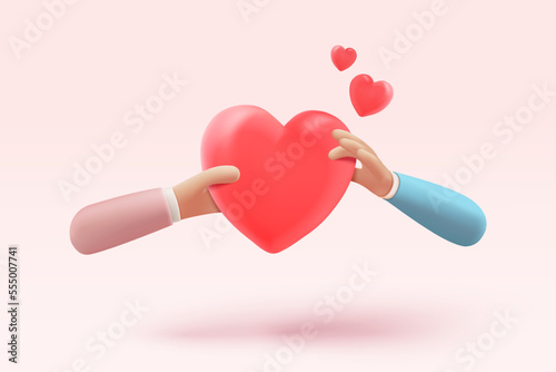 3D heart in hand holding on social media online platform concept, online social communication on applications, heart and love emoji icon, feeling love in hand. 3d icon vector render illustration