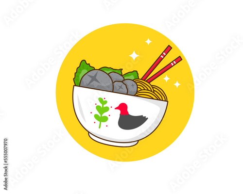 Bakso or meatball with Noodle and Vegetable logo icon. Flat cartoon style. Asian Food concept design. Indonesian traditional street food. Vector art illustration isolated white background