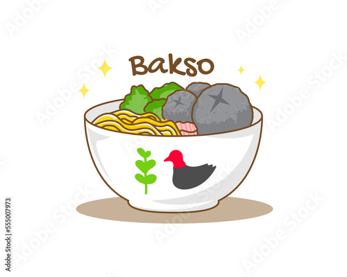 Bakso or meatball with Noodle and Vegetable logo icon. Flat cartoon style. Asian Food concept design. Indonesian traditional street food. Vector art illustration isolated white background