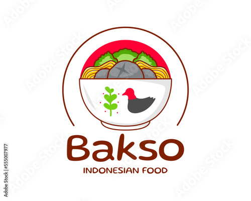 Bakso or meatball with Noodle and Vegetable logo icon. Flat cartoon style. Asian Food concept design. Indonesian traditional street food. Vector art illustration isolated white background