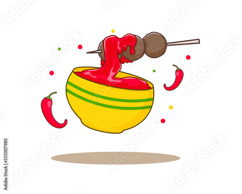 Hot and spicy grilled meatball logo icon with flame fire. Asian traditional street food. Food concept design. Flat cartoon style. Isolated white background. vector art illustration