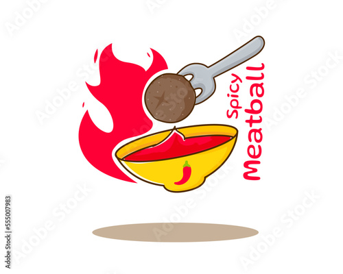 Hot and spicy grilled meatball logo icon with flame fire. Asian traditional street food. Food concept design. Flat cartoon style. Isolated white background. vector art illustration