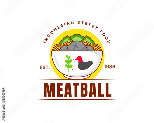 Bakso or meatball with Noodle and Vegetable logo icon. Flat cartoon style. Asian Food concept design. Indonesian traditional street food. Vector art illustration isolated white background