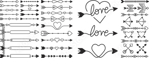 Heart arrow icon set. Vector art love arrows isolated. Cupid arrow design on transparent PNG background 