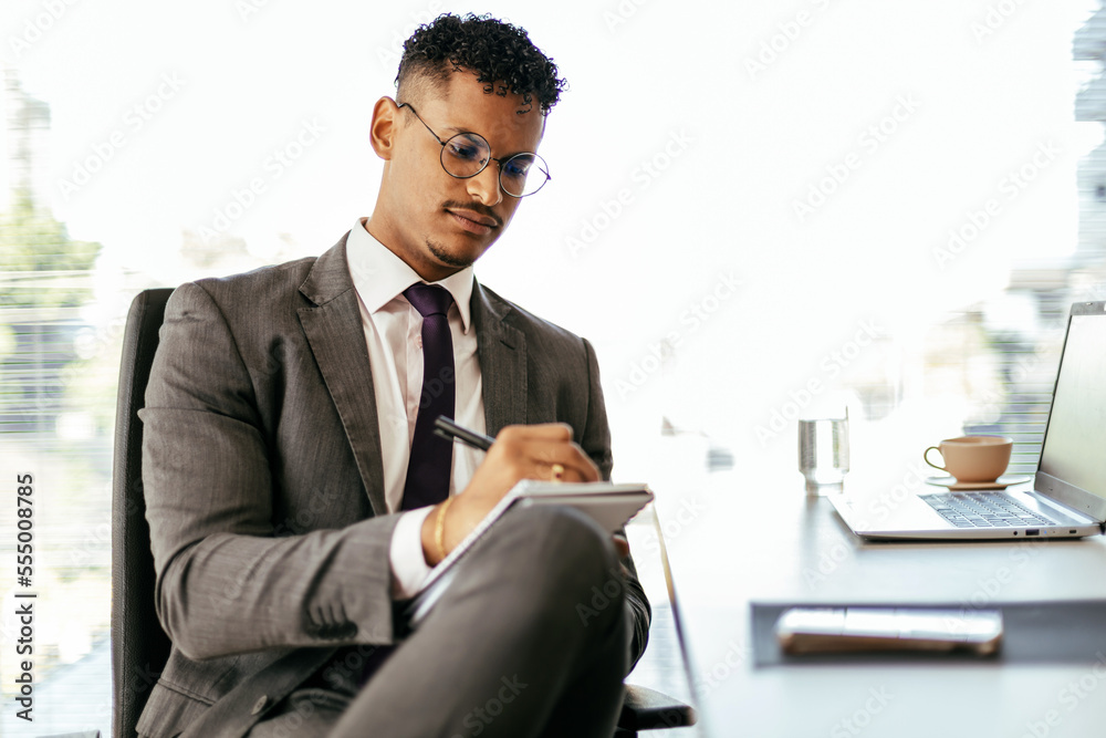Young Brazilian businessman working on laptop in modern office