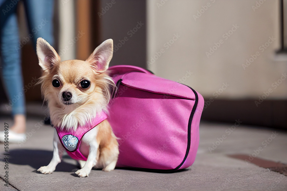 a small chihuahua dog sits next to a pink women's handbag, generative AI  Stock Illustration