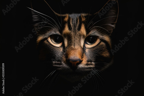 photography a close up of a cat's face on a black background