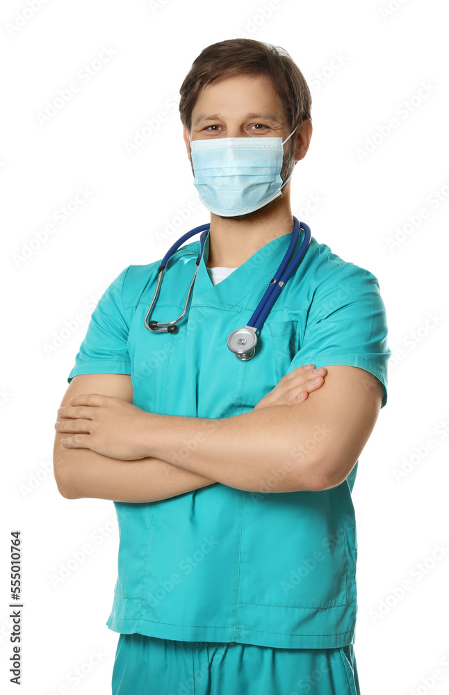 Doctor or medical assistant (male nurse) with protective mask and stethoscope on white background Doctor or medical assistant (male nurse) with protective mask and stethoscope on white background