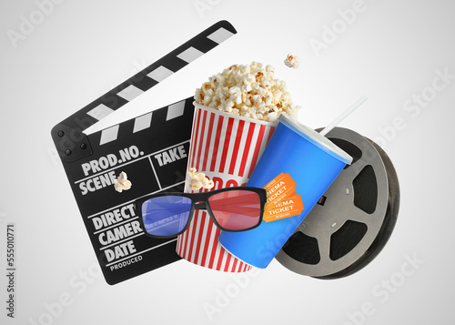 Movie clapper, drink, pop corn, 3D glasses and film reel on white background. Collage design