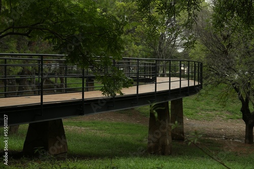 Beautiful pathway with metal handrails in park near trees