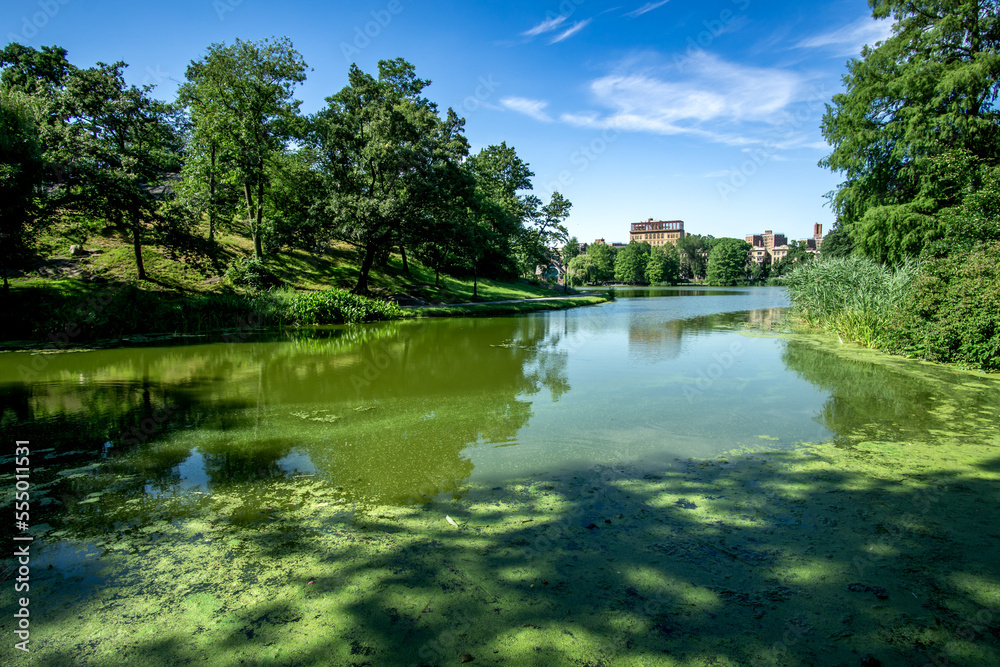 New York, NY - USA - July 20, 2018 Wide angle view of scenic Harlem Meer, a man-made lake at the northeast corner of New York City's Central Park. A popular destination. New York, NY - USA - July 20, 2018 Wide angle view of scenic Harlem Meer, a man-made lake at the northeast corner of New York City's Central Park. A popular destination.