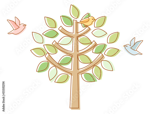 木と鳥のナチュラルでエコなイメージの線画とカラーを組み合わせたイラスト