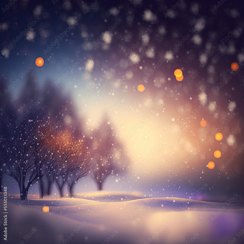 Winter Night with Snow Bokeh Background and Trees Silhouette by Generative AI Illustrations Winter Night with Snow Bokeh Background and Trees Silhouette by Generative AI Illustrations