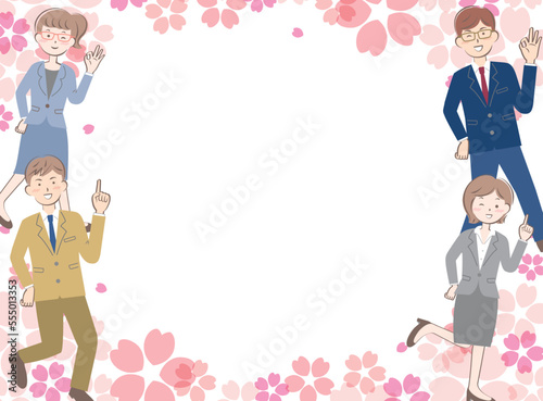 桜とスーツ姿の若い男女のフレーム