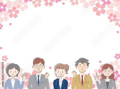 桜とスーツ姿の若い男女のフレーム