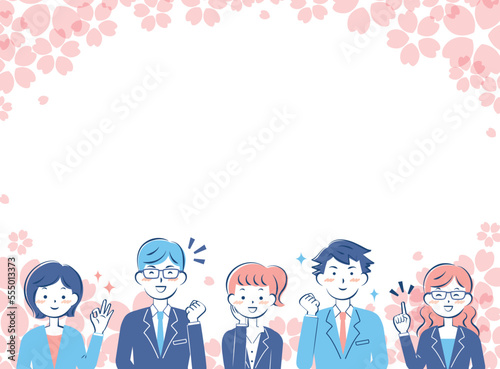桜とスーツ姿の若い男女のフレーム　2c
