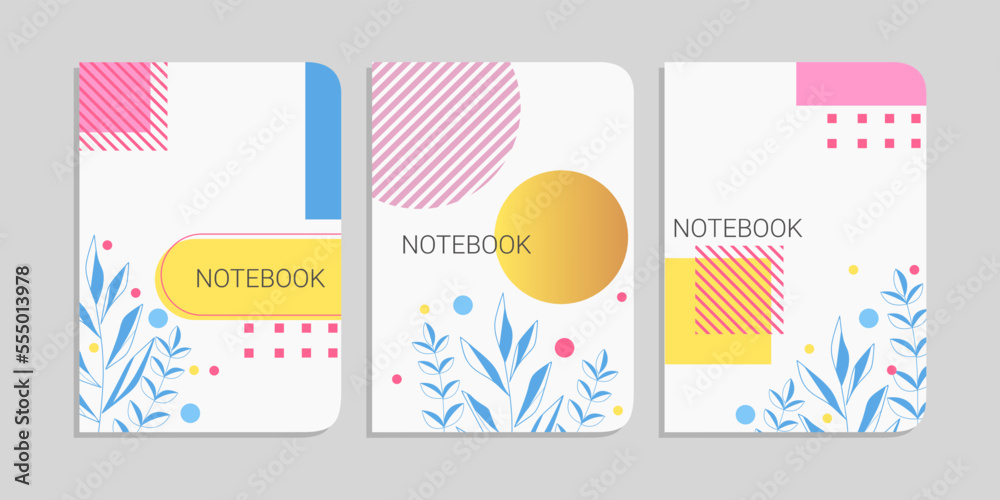 Modern abstract notebook set, minimal covers design. Colorful geometric background. leaf vector illustration.