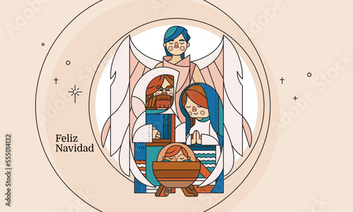Marry, Joseph, and the angel welcome the born of Jesus Christ in Bethlehem