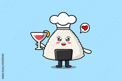 Cute cartoon Rice japanese sushi chef character holding wine glass flat cartoon style illustration