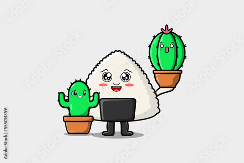 Cute cartoon Rice japanese sushi character holding cactus plant in pot vector icon illustration