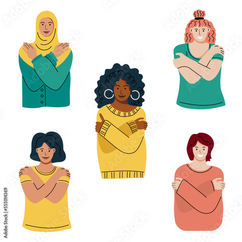 Female person is hugging herself. Love yourself concept. Embrace Equity is campaign theme of International Women's Day 2023. Vector illustration set.