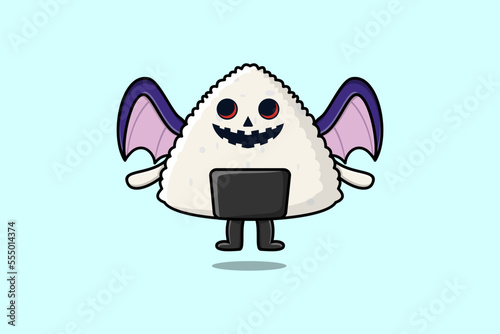 Cute mascot cartoon Rice japanese sushi character Scary bats pumpkin halloween illustration