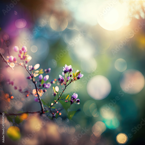 Blossom Spring Bokeh in Pink and Turquoise Blue Background featuring Tiny Violet Flowers and Branches from the Left Side by Generative AI Illustrations © NiponTK