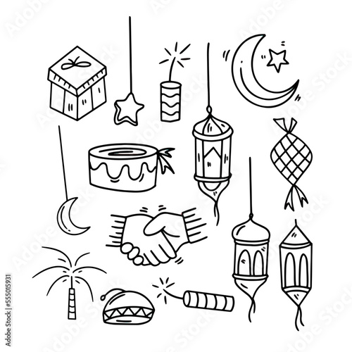 ramadan and eid al fitr doodle art bundle set vector